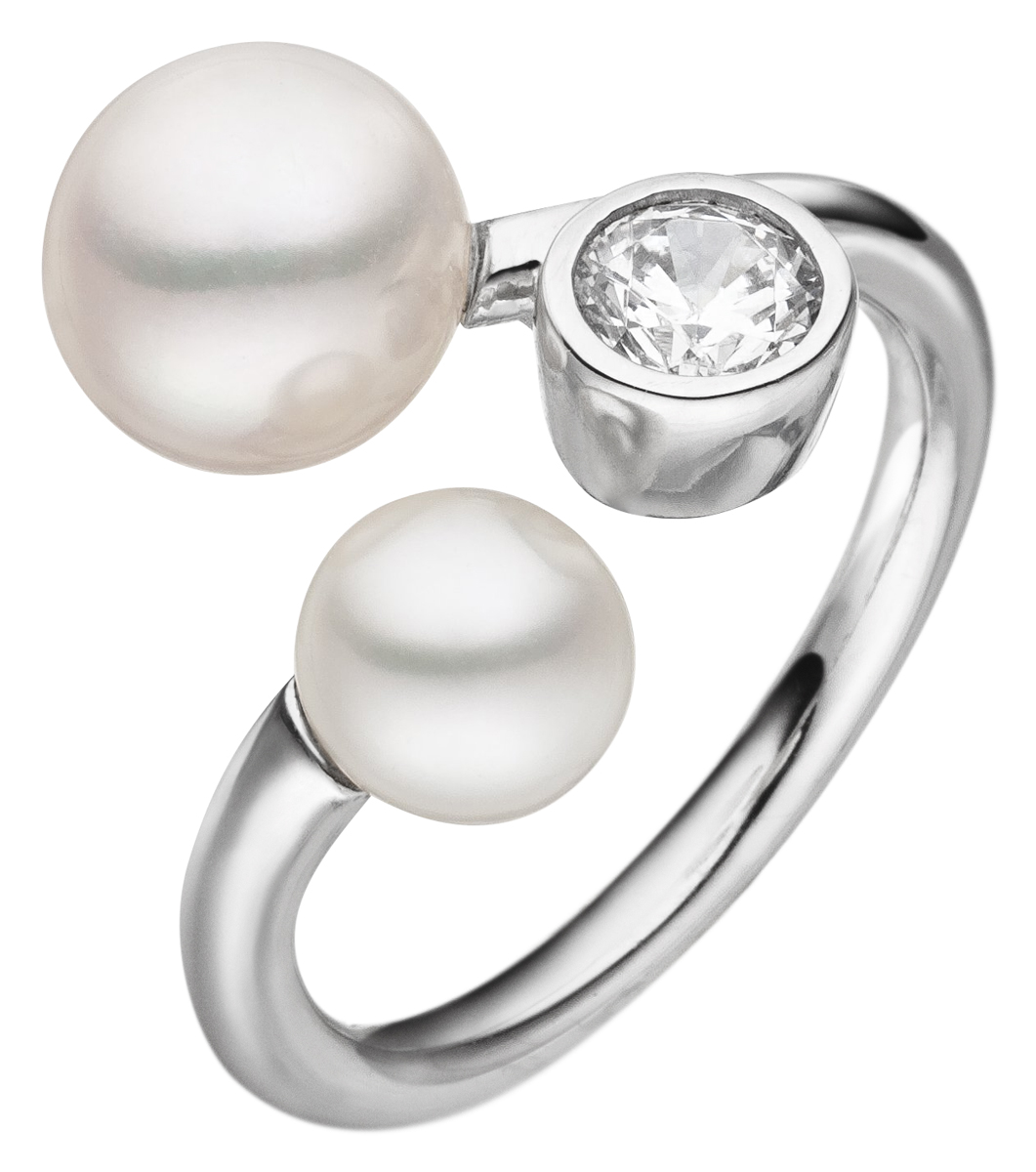 Spiralring mit zwei Süßwasserperlen und einem Zirkoniastein weiß