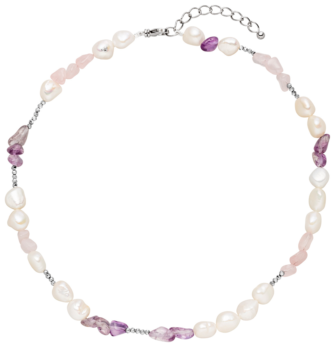 Perlenkette mit Rosenquarz und Amethyst -Süßwasser barock weiß