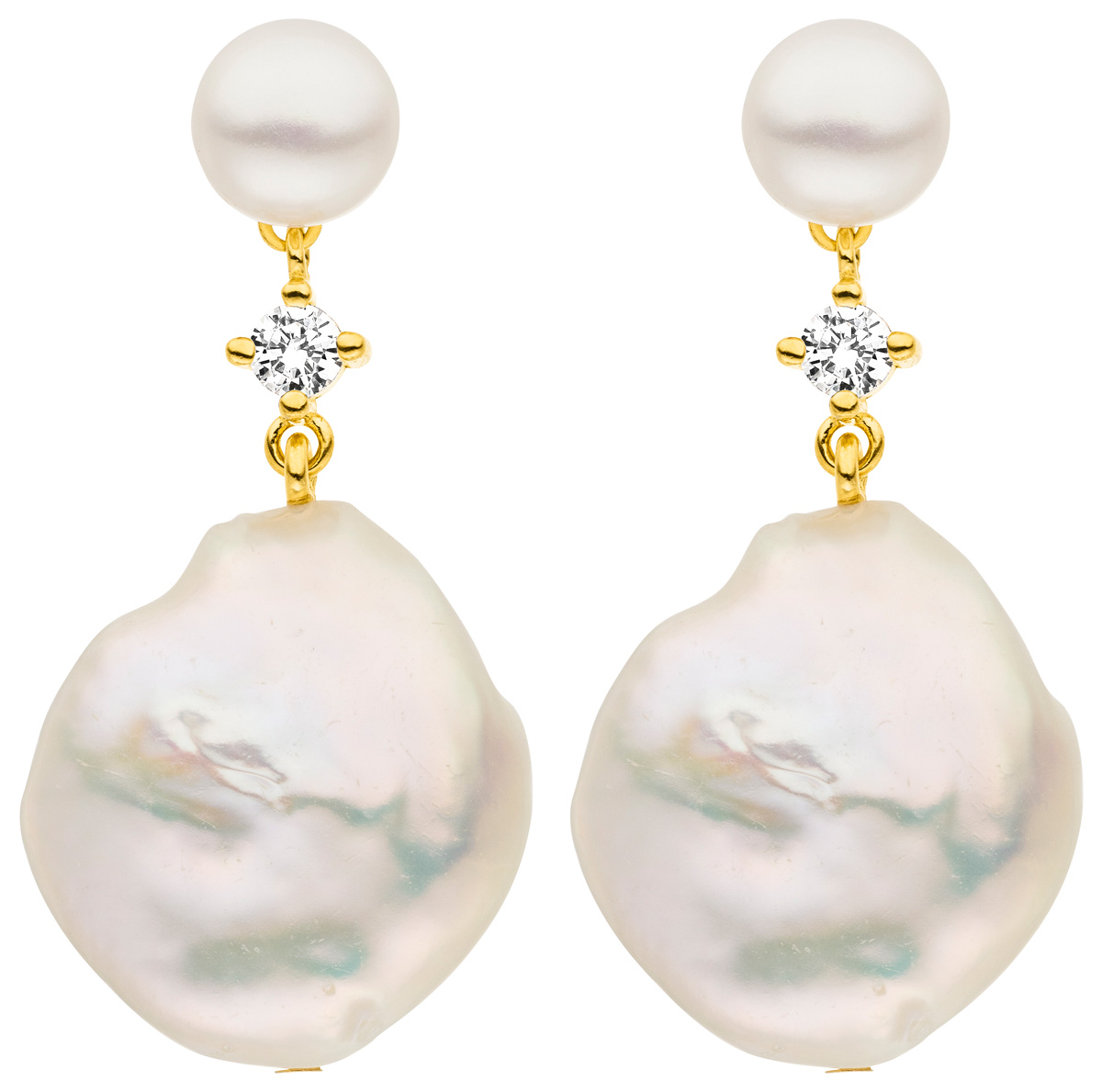 F38 Elegante Perlenohrstecker Silber vergoldet mit Zirkonia - Süßwasser rund, Barock weiß