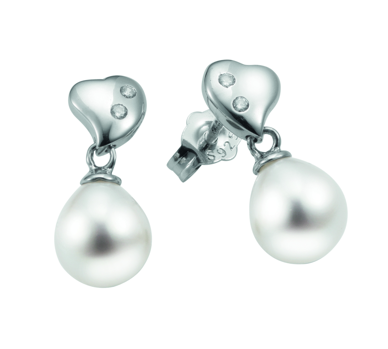 T3 Herz-Perlenohrstecker mit Zirkonia - Süßwasser Tropfen weiß