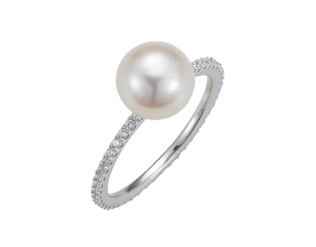 A167 Klassischer Perlenring mit Zirkonia Silber – Süßwasser rund weiß