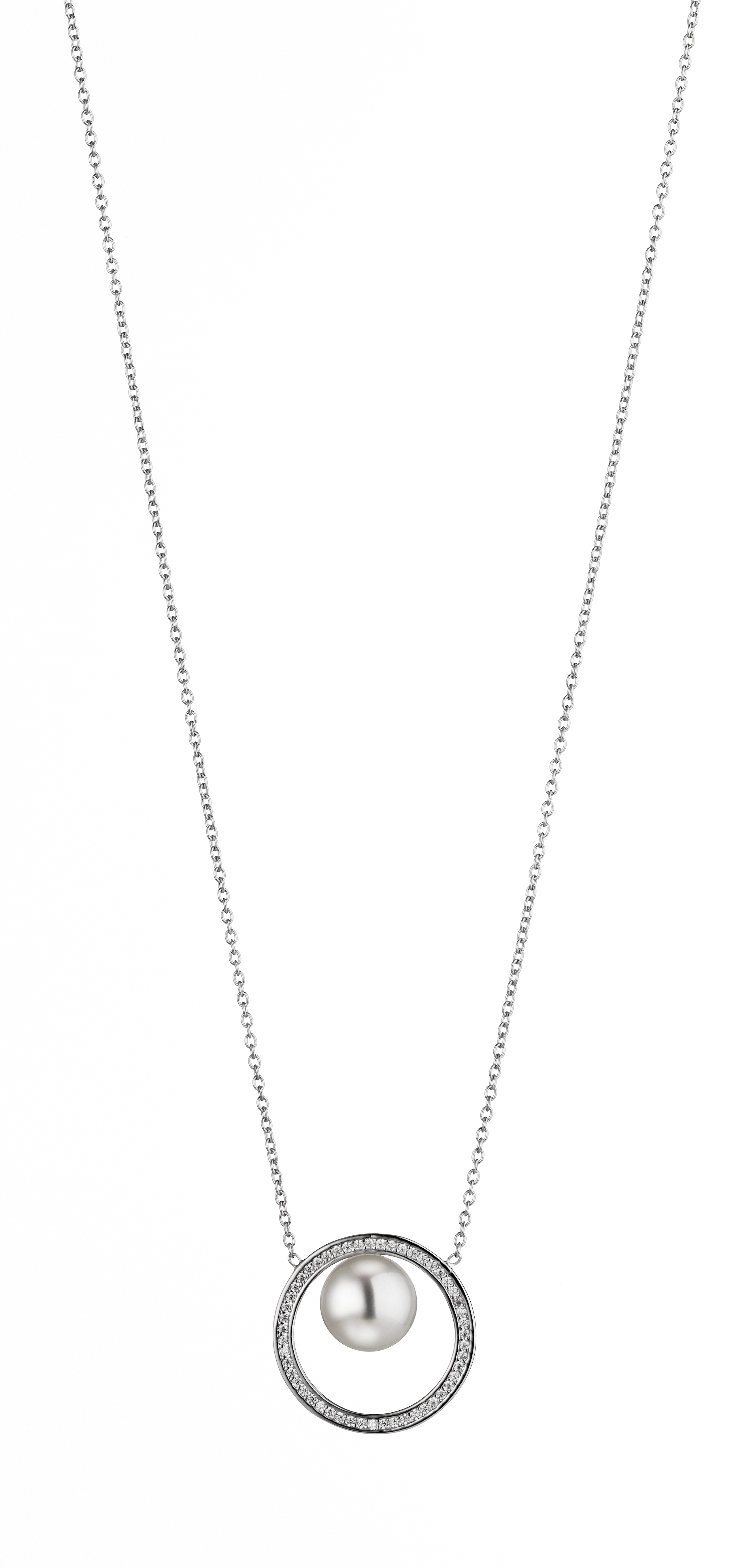 Modernes Perlencollier mit Zirkonia Silber - Süßwasser Button weiß