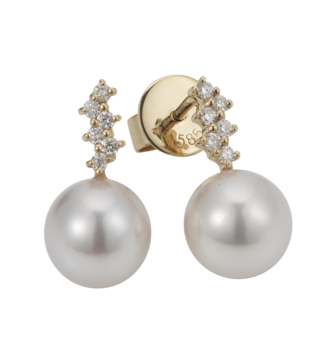 N33 Elegante Perlenohrstecker Gelbgold mit 12 Diamanten - Akoya rund weiß