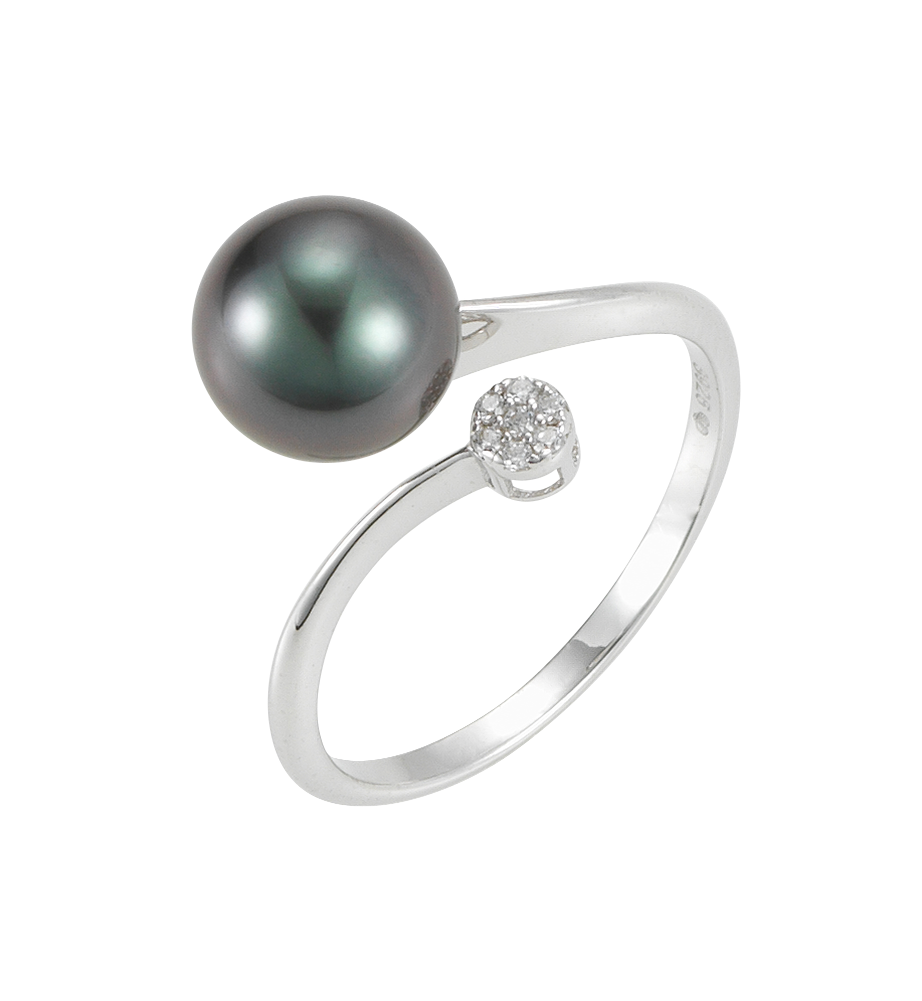 Spiralring mit einer Tahiti-Perle Schwarz und Zirkonia
