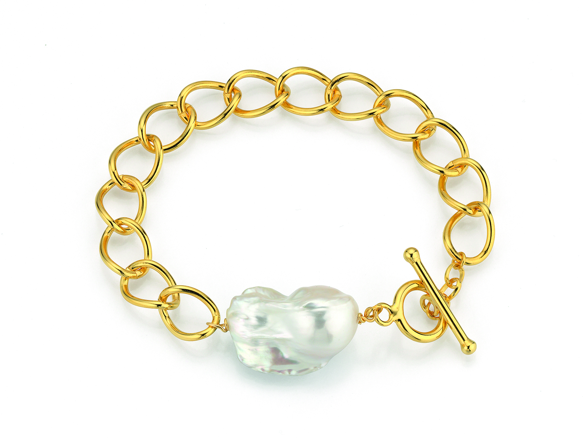 F39 Perlenarmband Gliederkette Silber vergoldet - Süßwasser barock weiß