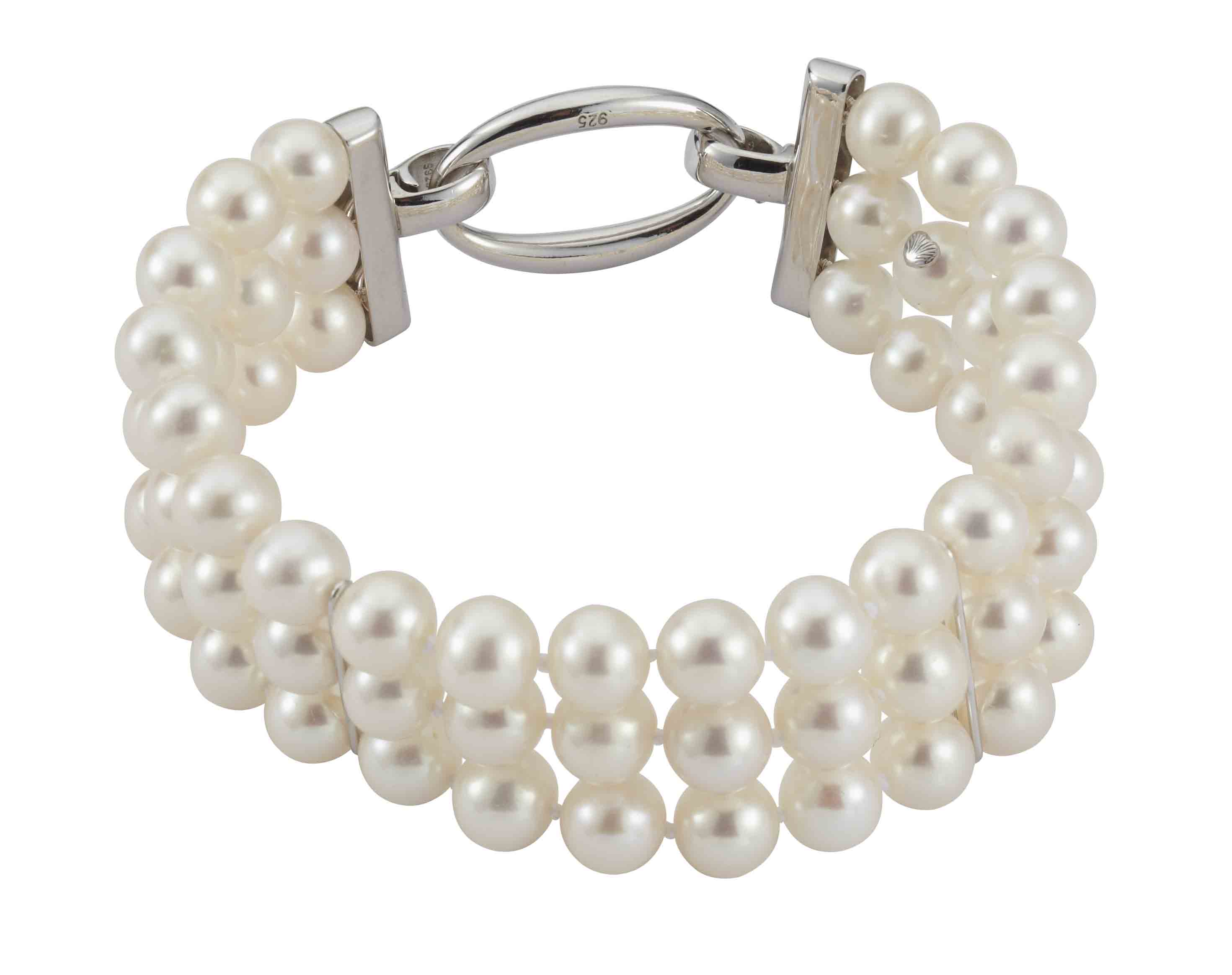 PR6-10 Dreireihiges Perlenarmband Silber - Süßwasser rund weiß
