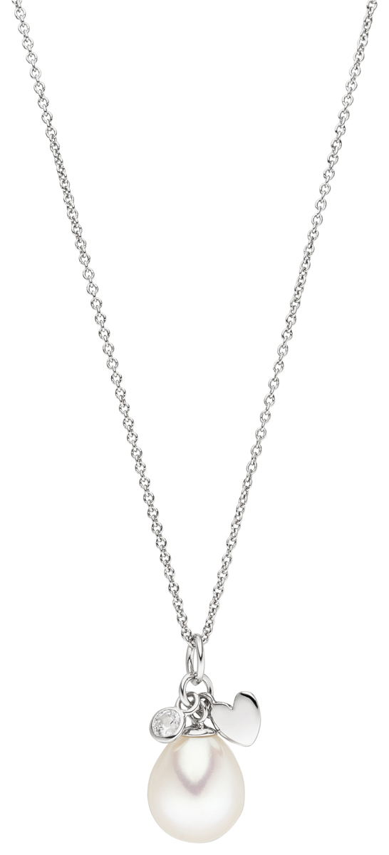 S28-W Kette mit Anhänger aus Süßwasserperle weiß , Zirkoniastein und Herzelement