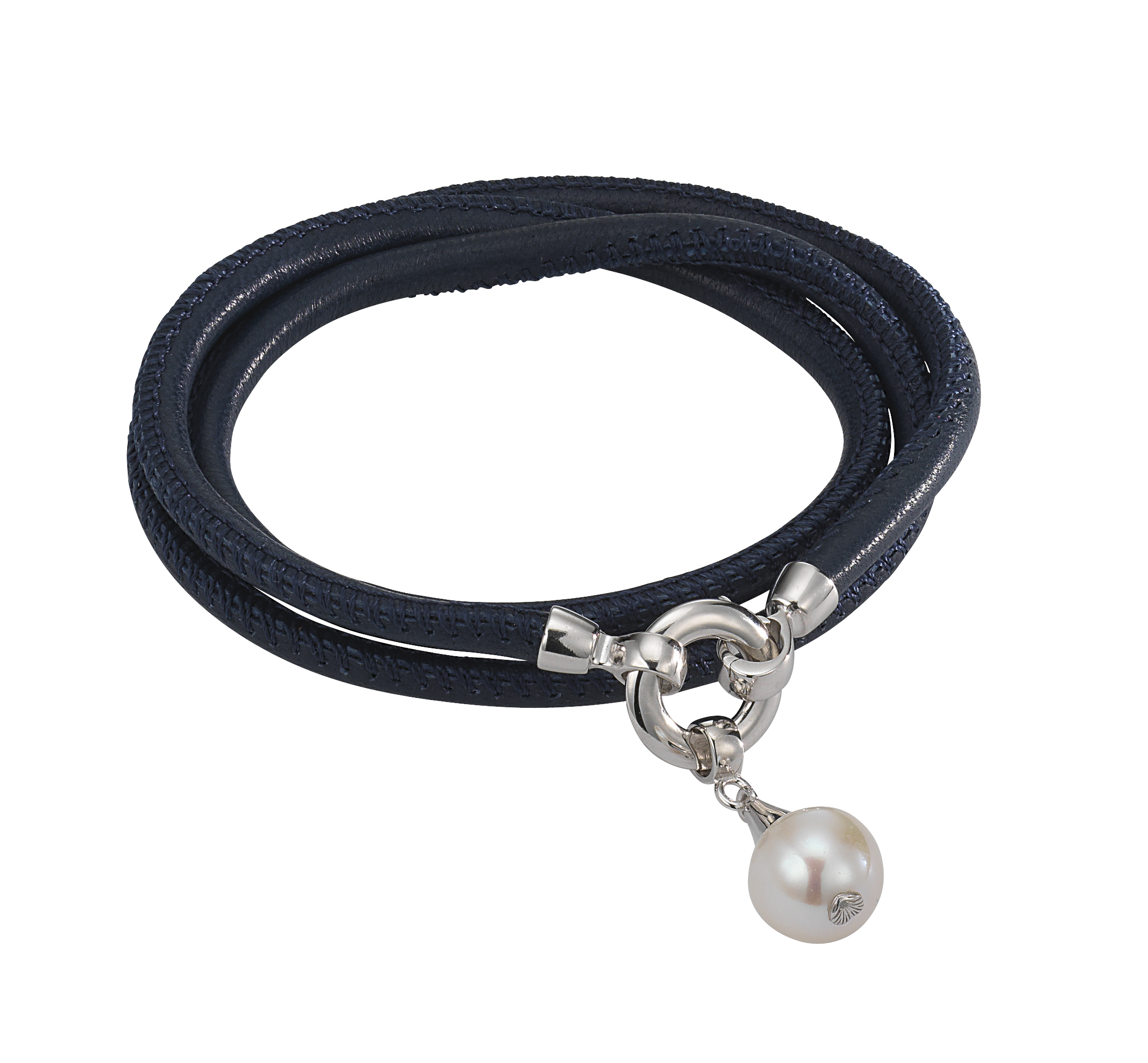 Lederarmband dunkelblau mit einer Perle – Süßwasser rund weiß