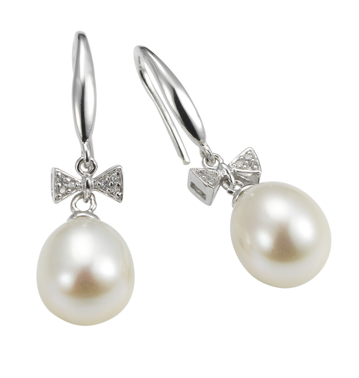 A56 Perlenohrhaken mit Zirkoiaschleife - Süßwasser Tropfen weiß 8,5-9 mm