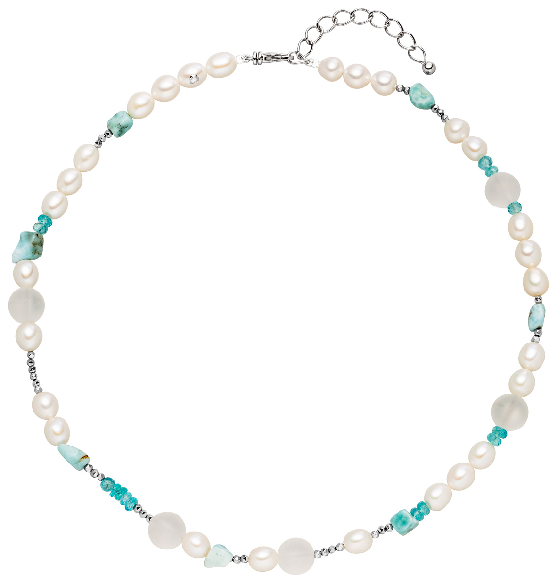 C16-T Perlenkette mit Natursteinen türkis -Süßwasser barock weiß