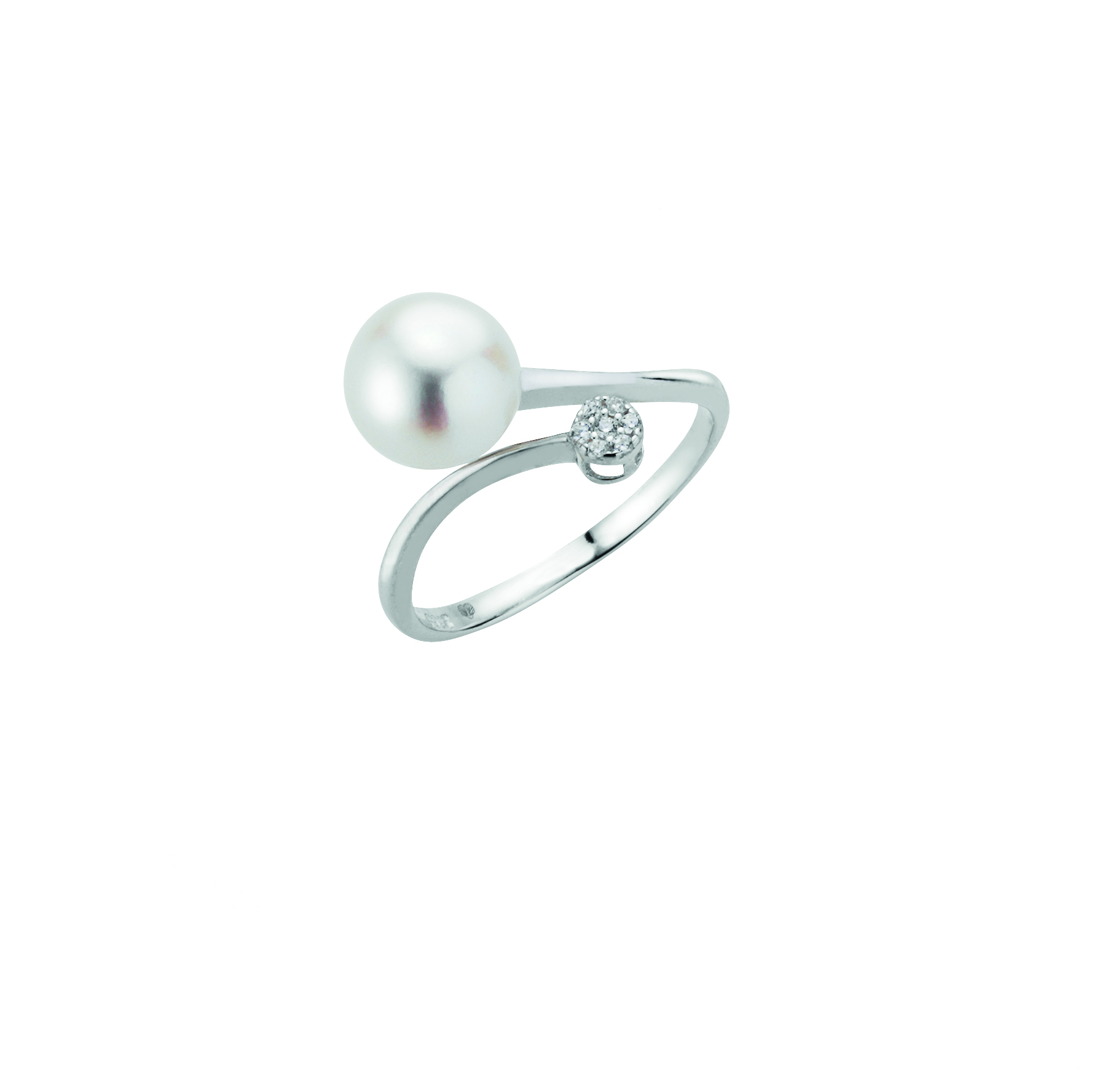 Spiralring mit einer weißen Süßwasserperle und Zirkonia