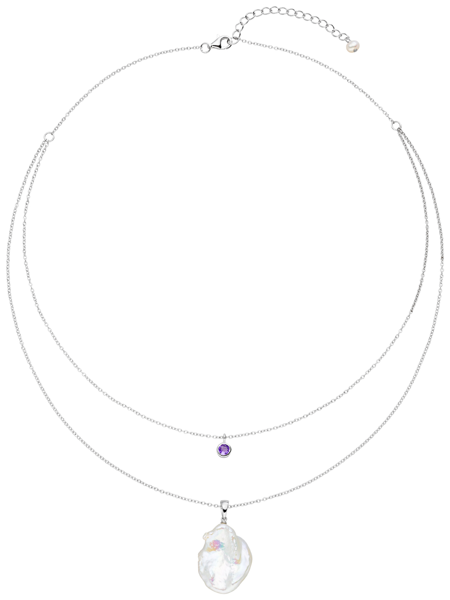F35-A Kette mit Amethyst- und Perlenanhänger Silber – Süßwasser barock weiß