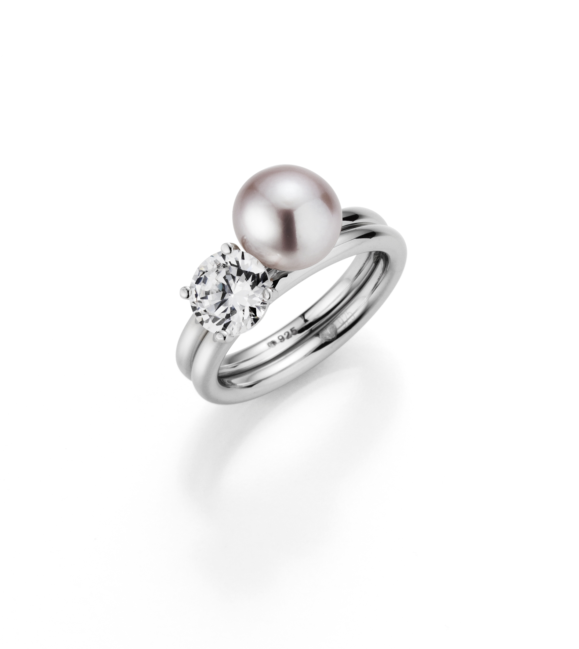Ring zweiteilig mit Süßwasserperle natur (rose) und Zirkoniastein weiß