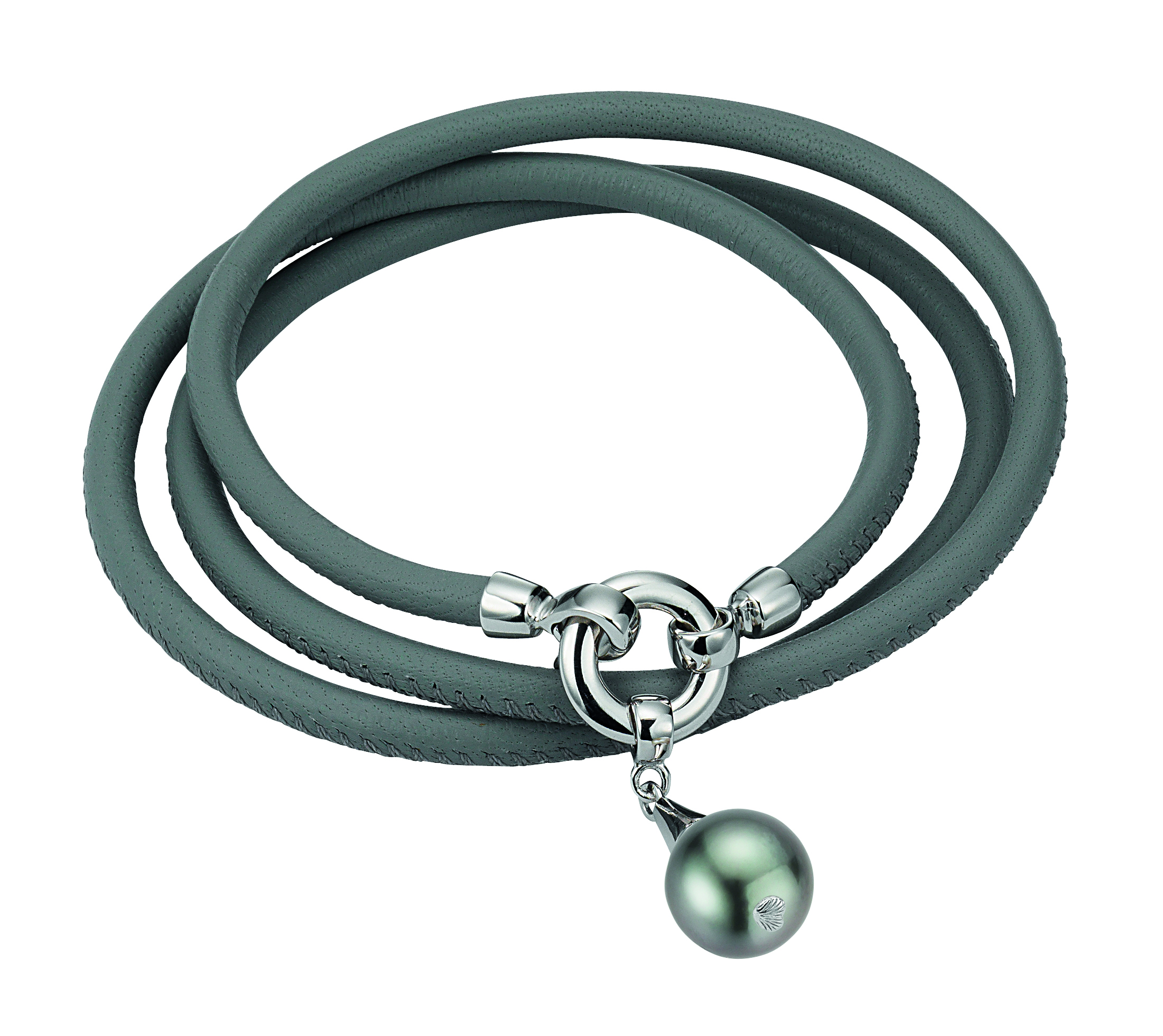 Lederarmband grau mit einer Perle - Tahiti rund dunkel