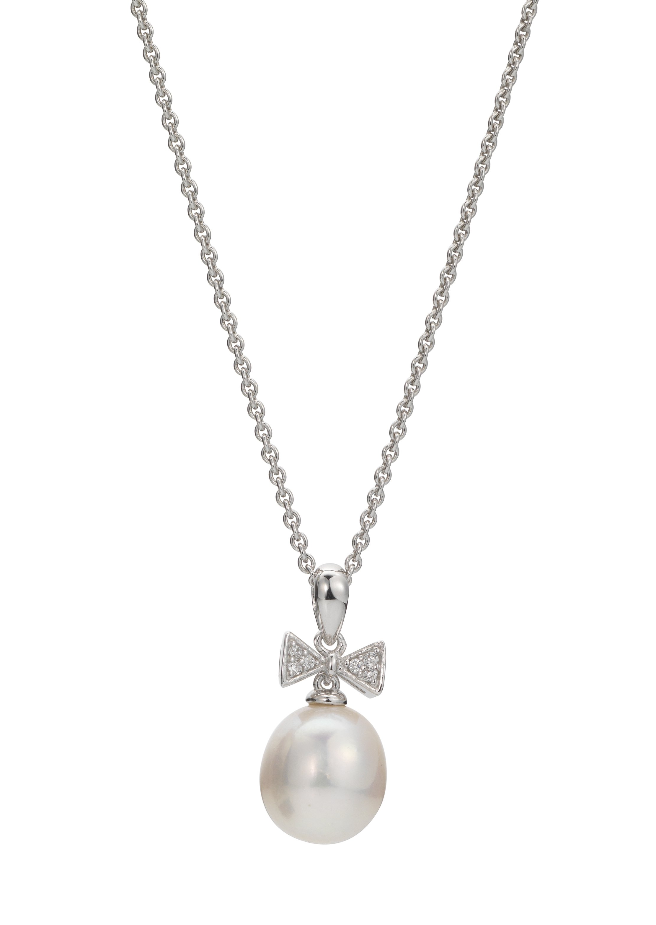 Perlenanhänger mit Zirkoniaschleife und Kette - Süßwasser Tropfen weiß 9-9,5 mm