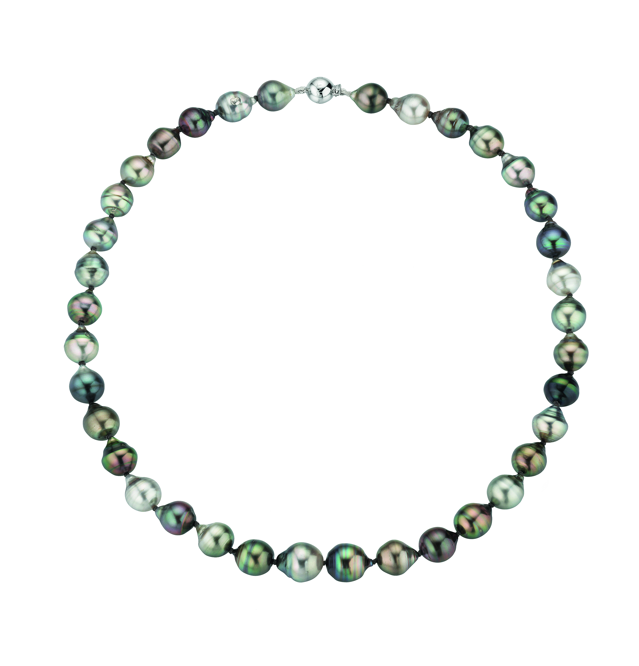 Klassische Perlenkette mit Kugelschließe aus Weißgold - Tahiti barock multicolor 8-10 mm