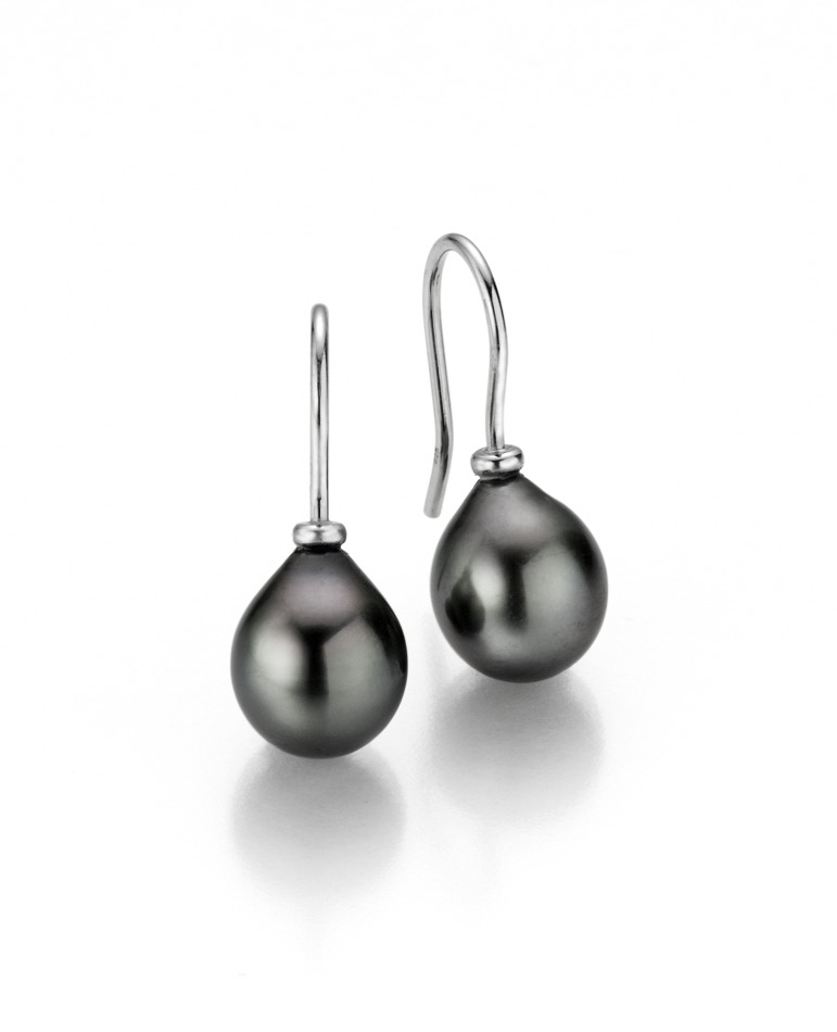 Klassische Perlenohrhaken Silber - Tahiti Tropfen schwarz 9-10 mm