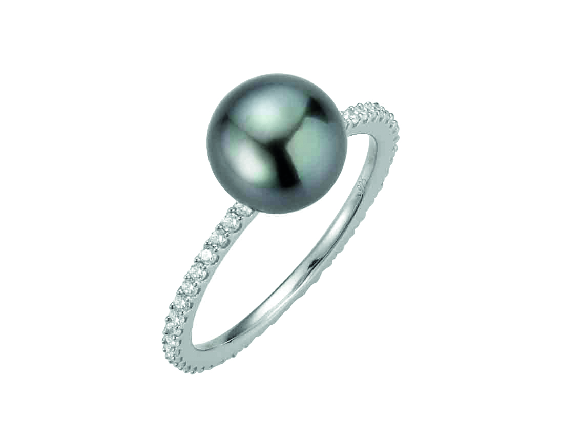 I35 Klassischer Perlenring mit Zirkonia Silber – Tahiti rund schwarz