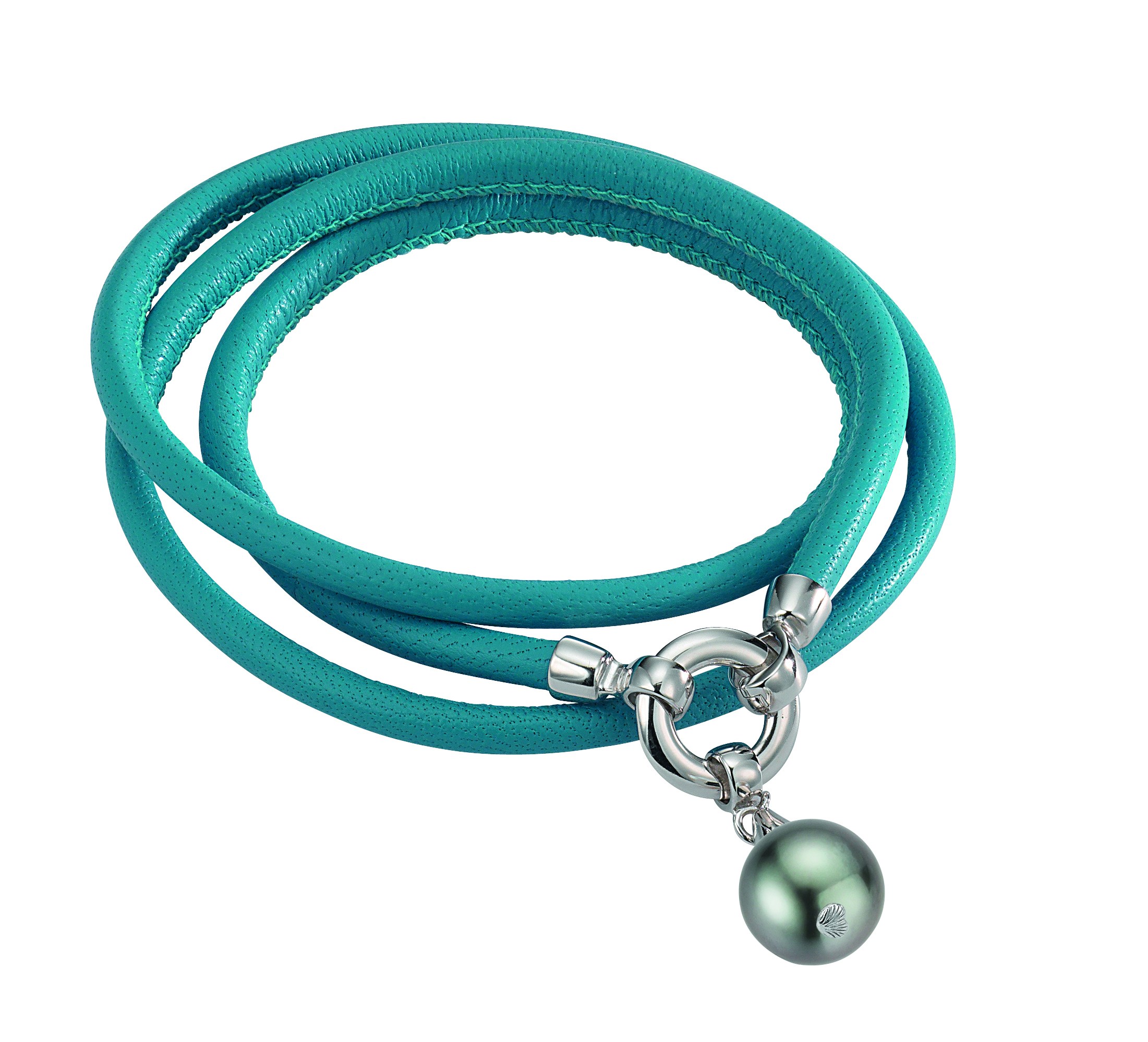 C2-T Lederarmband türkis mit einer Perle - Tahiti rund dunkel