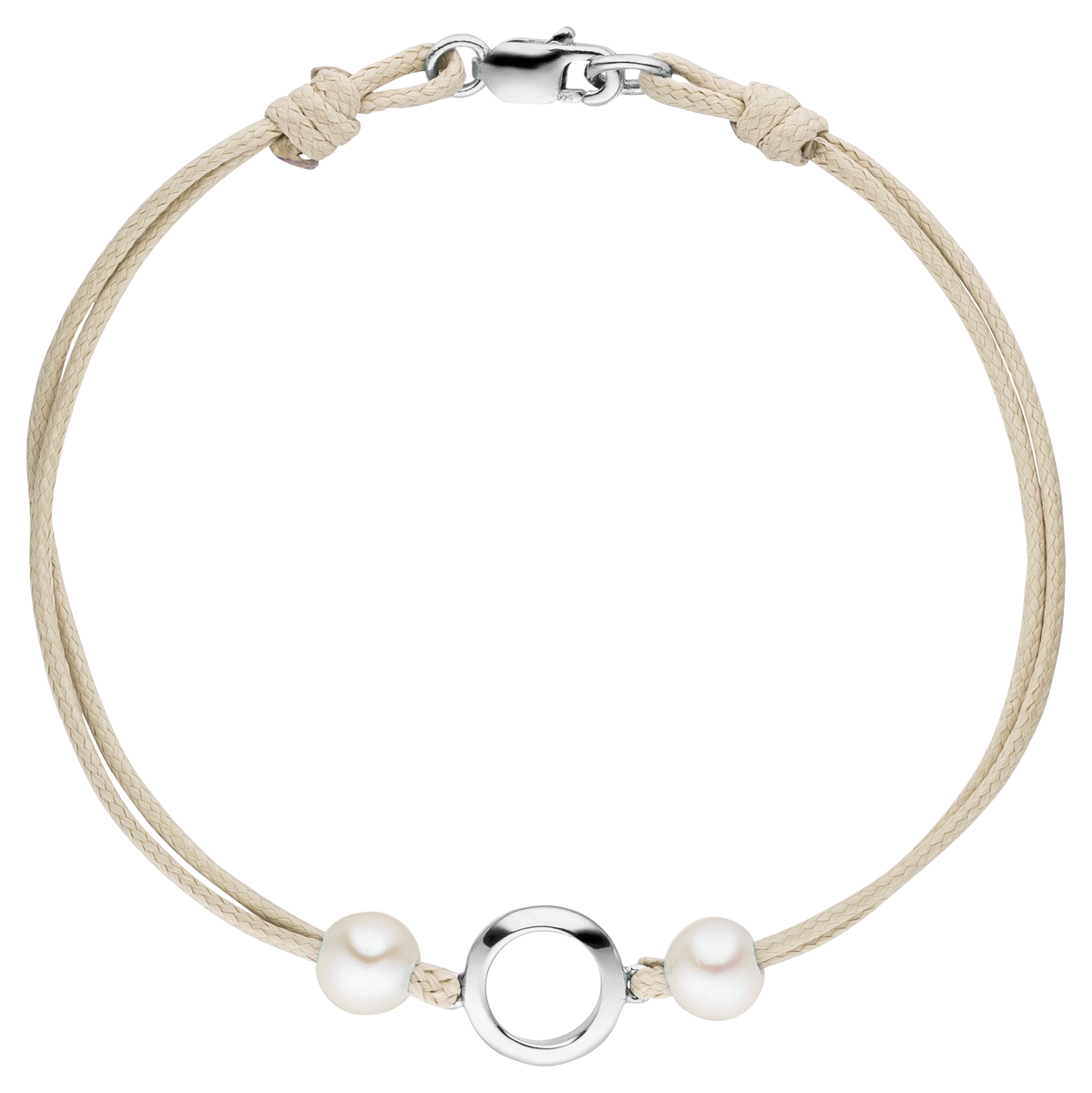 Textilarmband beige mit 2 Perlen - Süßwasser potatoe weiß