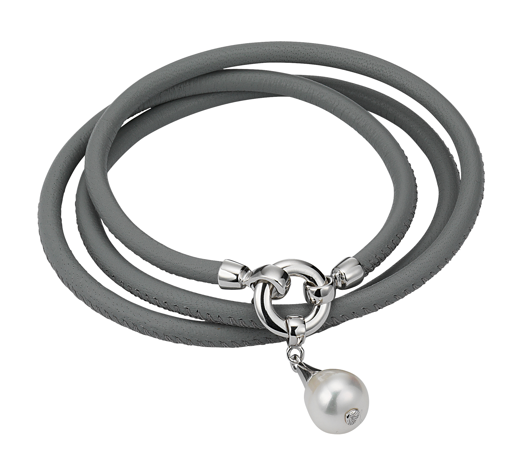 L1-grau Lederarmband grau mit einer Perle – Süßwasser rund weiß