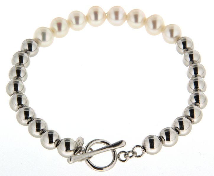 Armband mit Silberkugelelementen und Perlen weiß