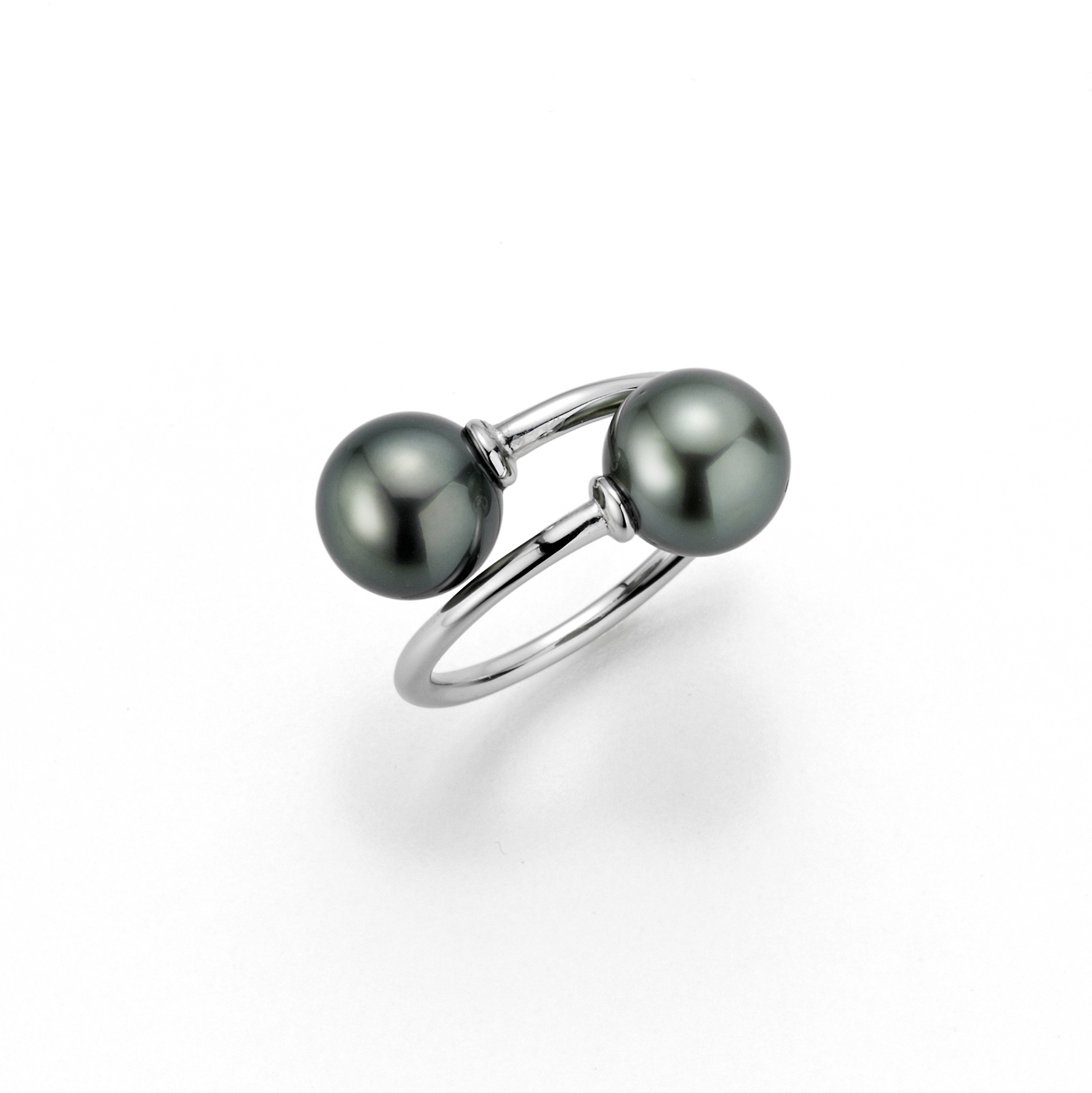 Spiralring mit 2 Perlen Silber - Tahiti rund schwarz