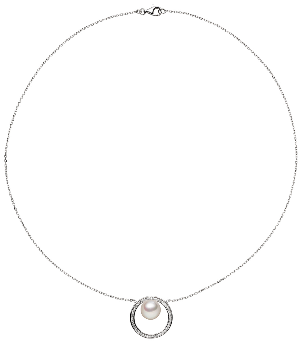 Modernes Perlencollier mit Zirkonia Silber - Süßwasser Button weiß