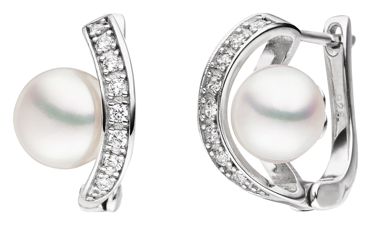 S18 Ohrstecker in halbkreisform mit Süßwasserperlen und Zirkoniasteinen