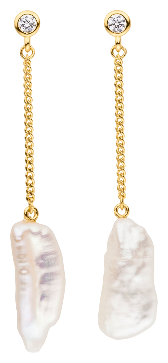 F25 Perlenohrringe Silber vergoldet, mit Zirkonia - Süßwasser barock weiß