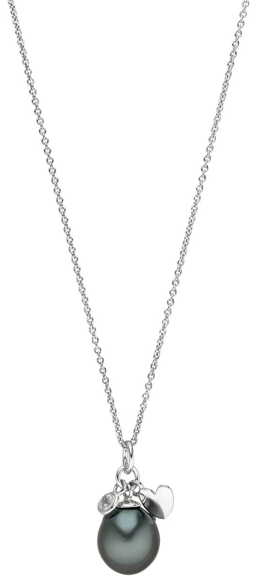 Kette mit Anhänger aus einer Tahiti-Perle schwarz, einem Zirkoniastein und einem Herzelement
