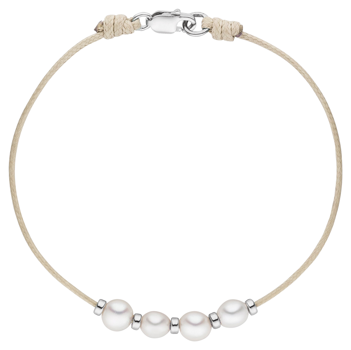 Textilarmband beige mit 4 Perlen - Süßwasser coin weiß
