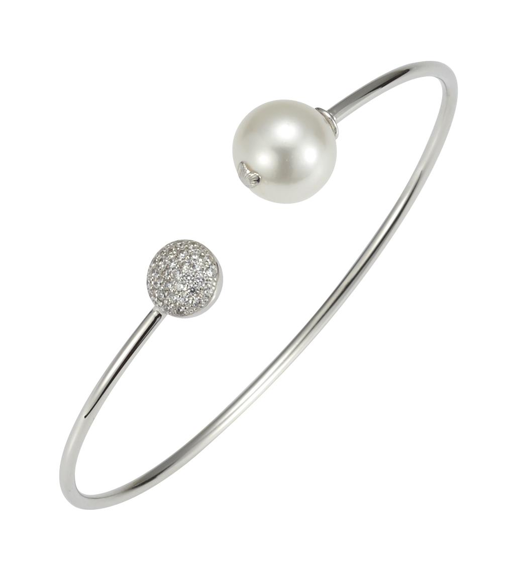 PR7-55 Perlenarmreif mit Zirkonia - Süßwasser rund weiß