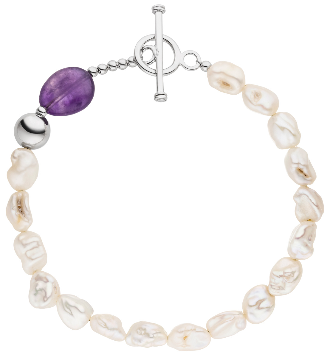 Perlenarmband mit Amethyst lila - Süßwasser, barock weiß
