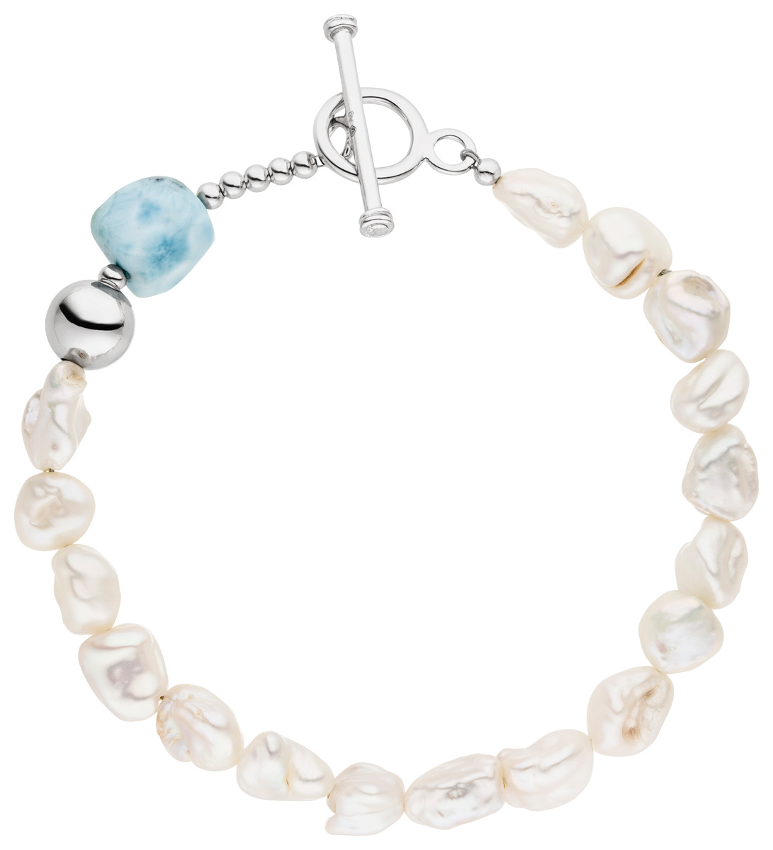Perlenarmband mit Larimar türkis – Süßwasser barock weiß