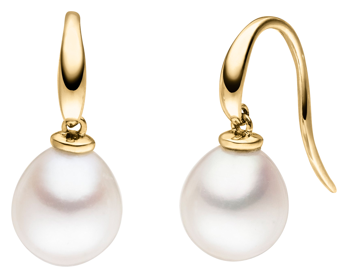 Perlenohrhaken Gelbgold - Süßwasser Tropfen weiß 9-10 mm