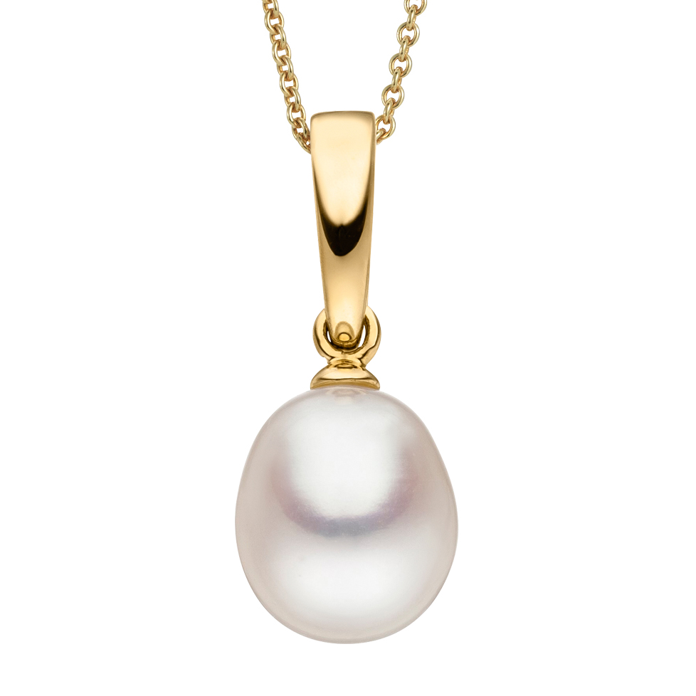 Kette mit Perlenanhänger Gelbgold - Süßwasser Tropfen weiß 9-10 mm