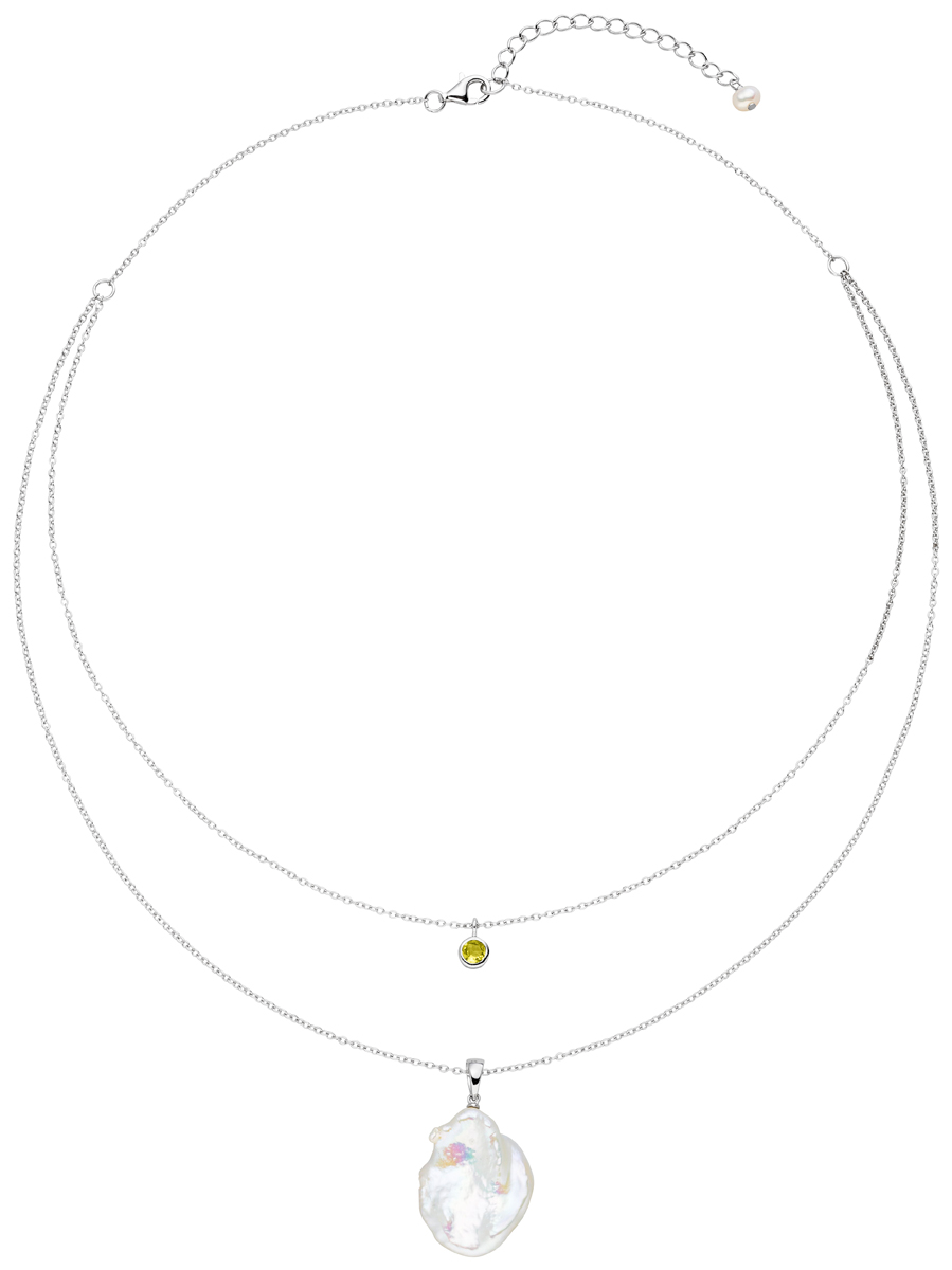 F35-C Kette mit Citrin- und Perlenanhänger Silber – Süßwasser barock weiß