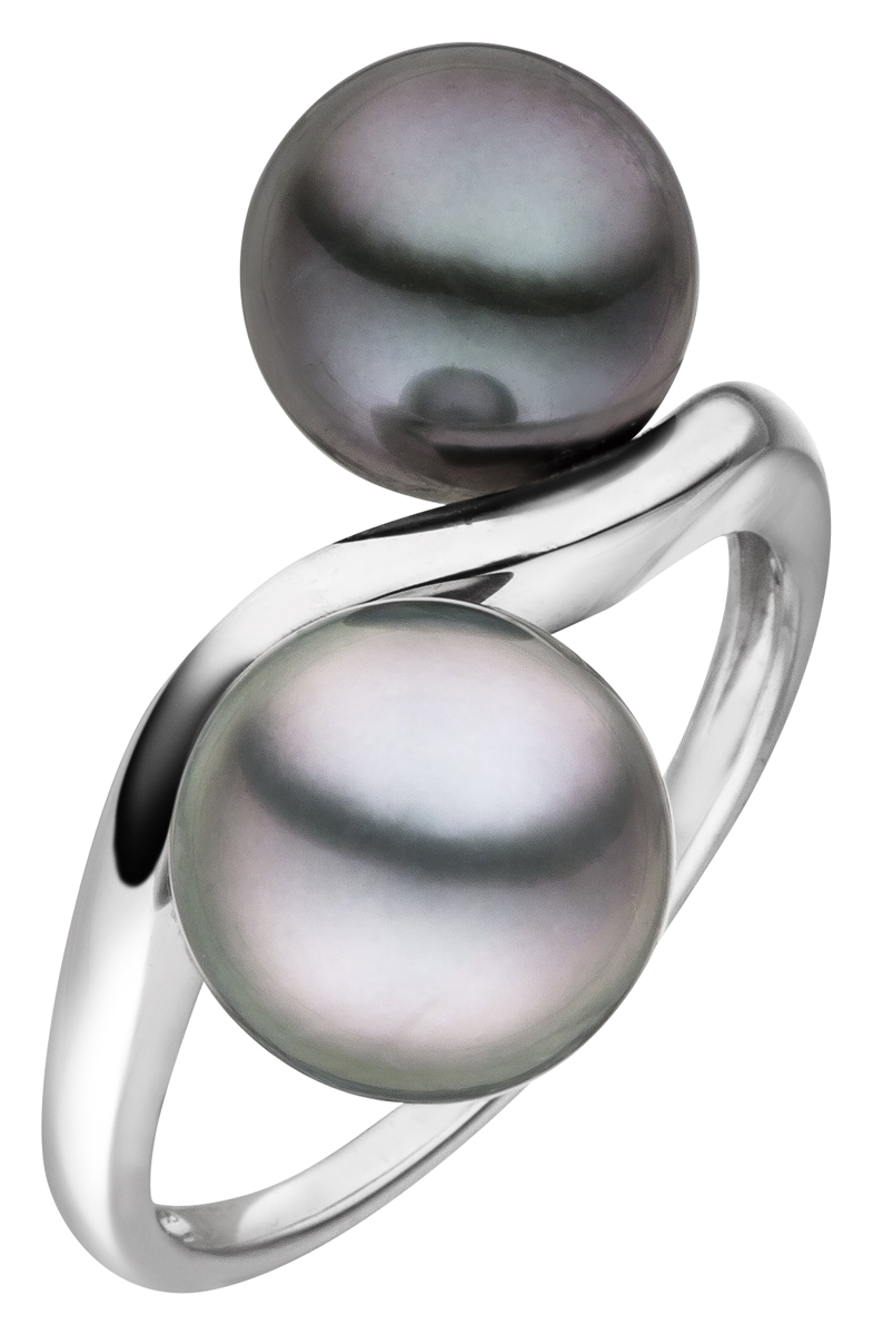 Moderner Perlenring | Weißgold Tahiti Perlenringe schwarz, - Pearls | rund Adriana silbergrau