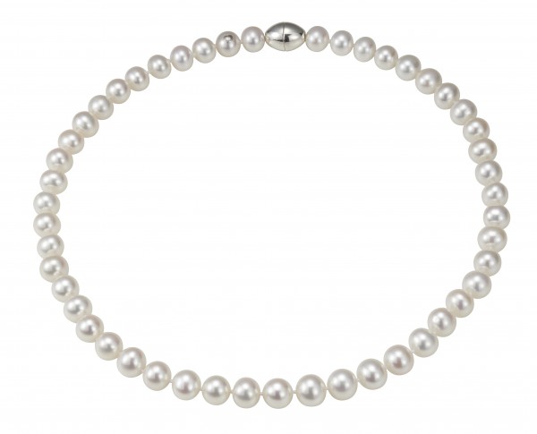 Klassische Perlenkette mit Ovalen Schließe - Süßwasser rund weiß 9-10 mm