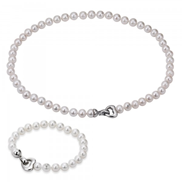 2-teiliges Set aus Perlenkette und-Armband mit Herzverschluss-Süßwasser