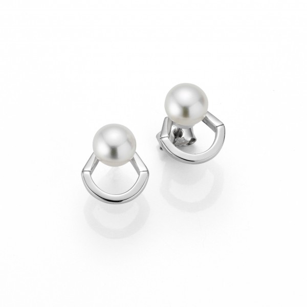 Perlenohrstecker mit geometrischen Dekoelement aus Silber - Süßwasser Button weiß