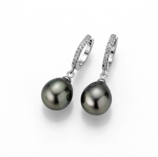 Perlencreolen Silber mit Zirkonia - Tahiti Tropfen schwarz
