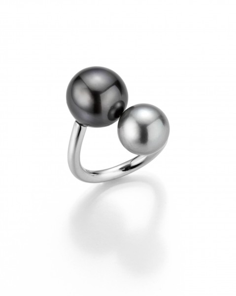 Offener Ring mit 2 Tahiti- Perlen schwarz und silbergrau