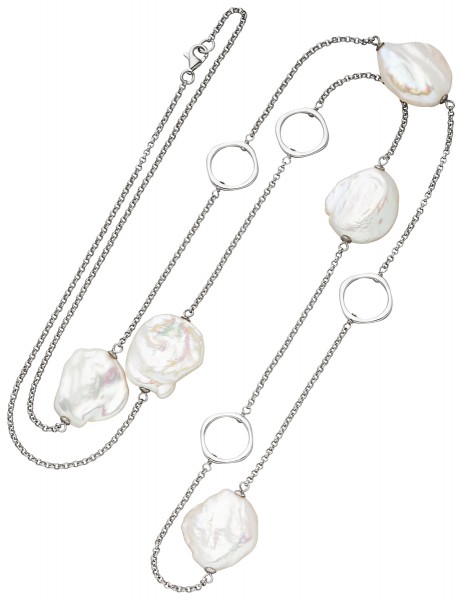 Kette mit mehreren Perlen und Kreiselementen Silber – Süßwasser barock weiß
