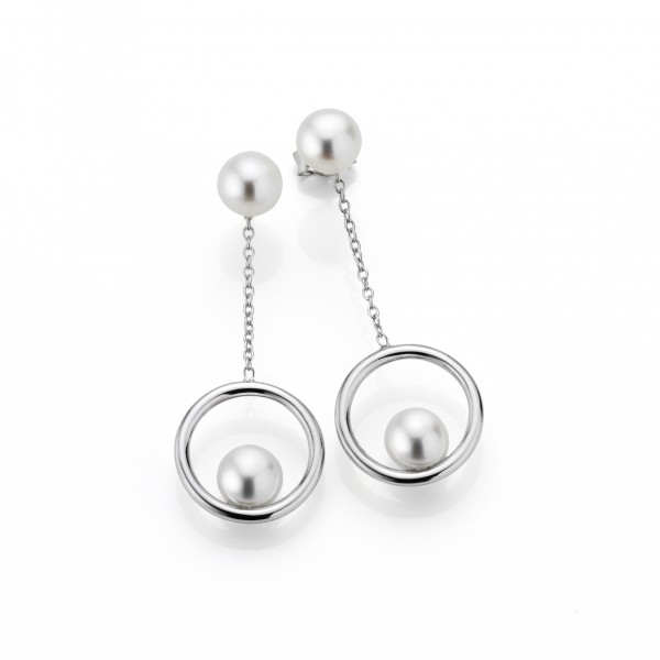 Perlenohrstecker Kreiselement Silber – Süßwasserperle rund integriert