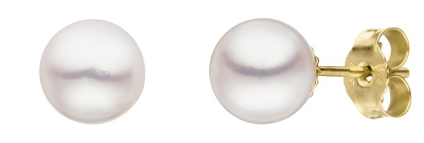 Klassische Perlenohrstecker Gelbgold - Süßwasser Button weiß 9-10 mm