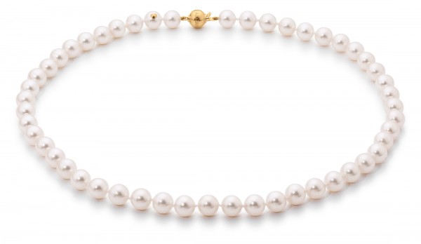 Klassische Perlenkette Gelbgold - Süßwasser rund weiß 7-8 mm