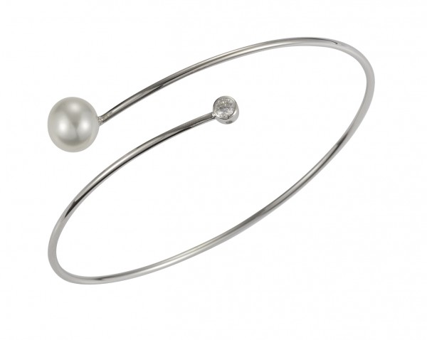 Perlenarmreif in Spiralform Silber mit Zirkonia - Süßwasser button weiß