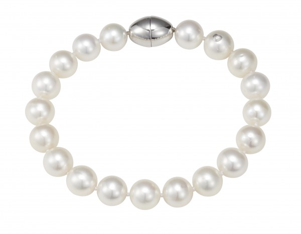 Perlenarmband mit ovalen Schließe - süßwasser rund weiß 9-10 mm
